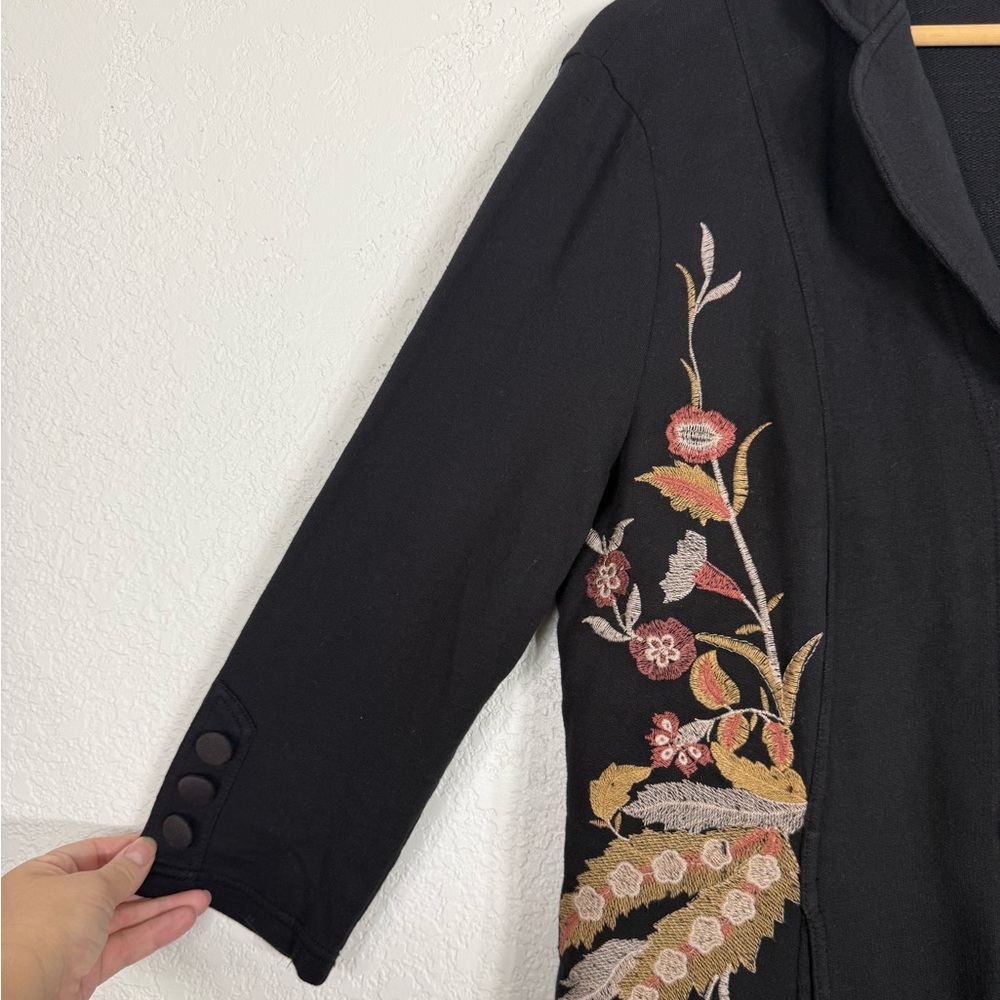 XCVI Black Floral Embroidered Cotton Jacket Large Bohemian Artsy Lagenlook - Picture 3 of 10